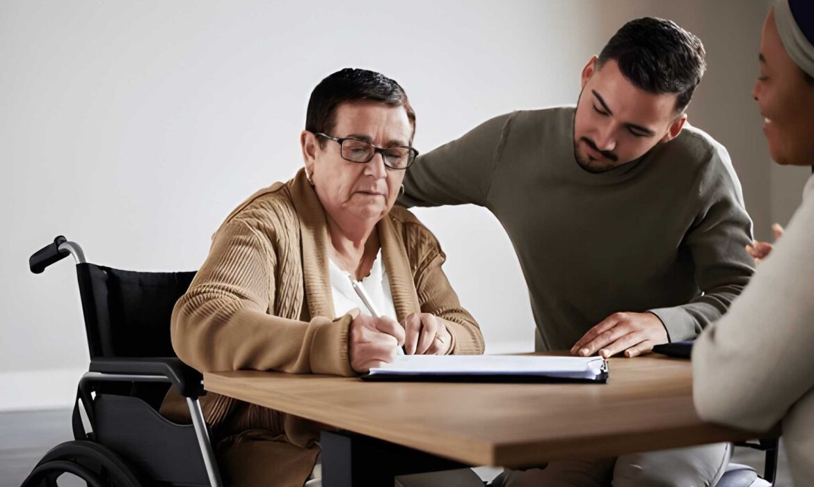 Disable senior woman signing on paper